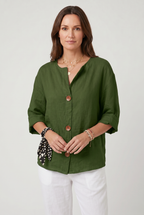 Linen Blouse Grey Women's Split Neck 3/4 Sleeve Button Front Top – Casual, Office