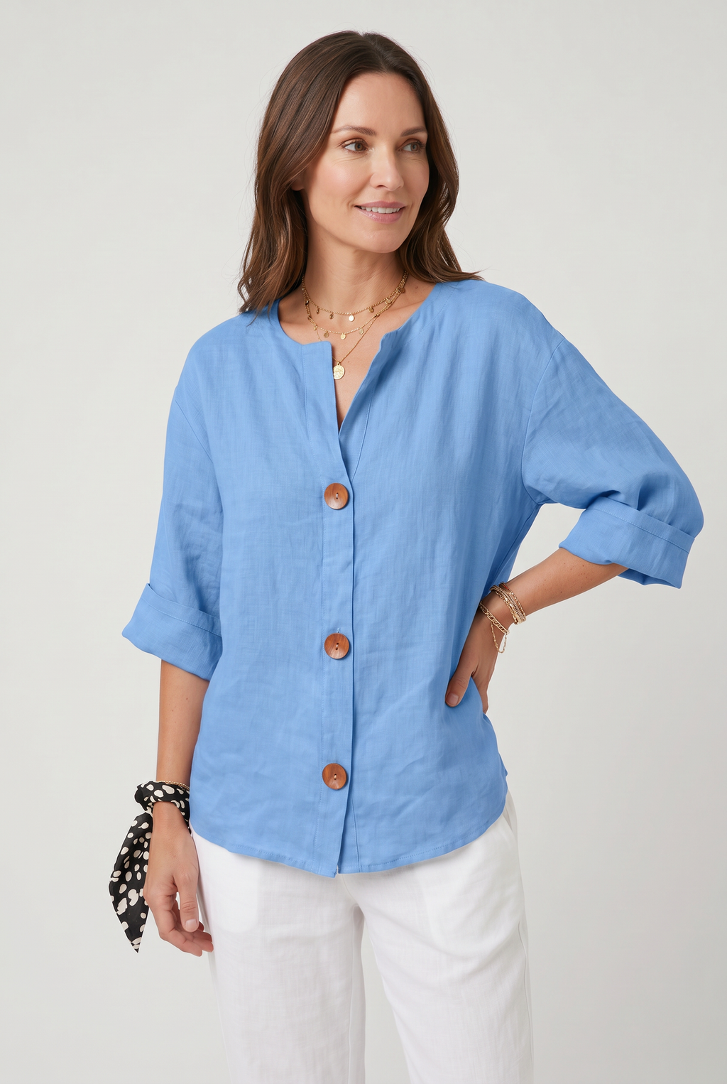 Linen Blouse Grey Women's Split Neck 3/4 Sleeve Button Front Top – Casual, Office