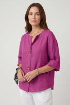 Linen Blouse Grey Women's Split Neck 3/4 Sleeve Button Front Top – Casual, Office