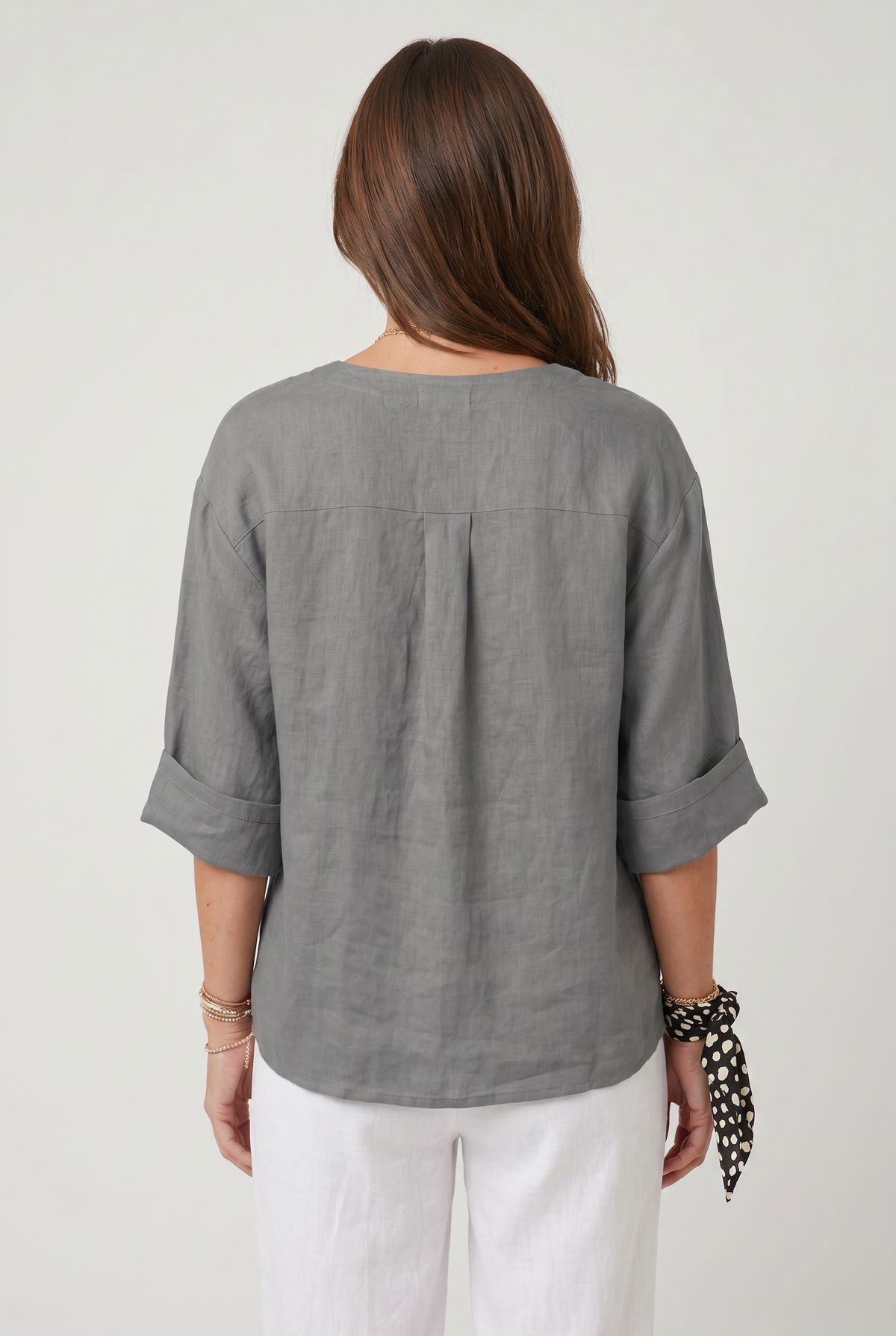 Linen Blouse Grey Women's Split Neck 3/4 Sleeve Button Front Top – Casual, Office