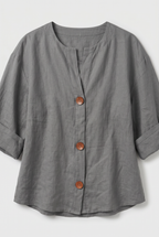 Linen Blouse Grey Women's Split Neck 3/4 Sleeve Button Front Top – Casual, Office