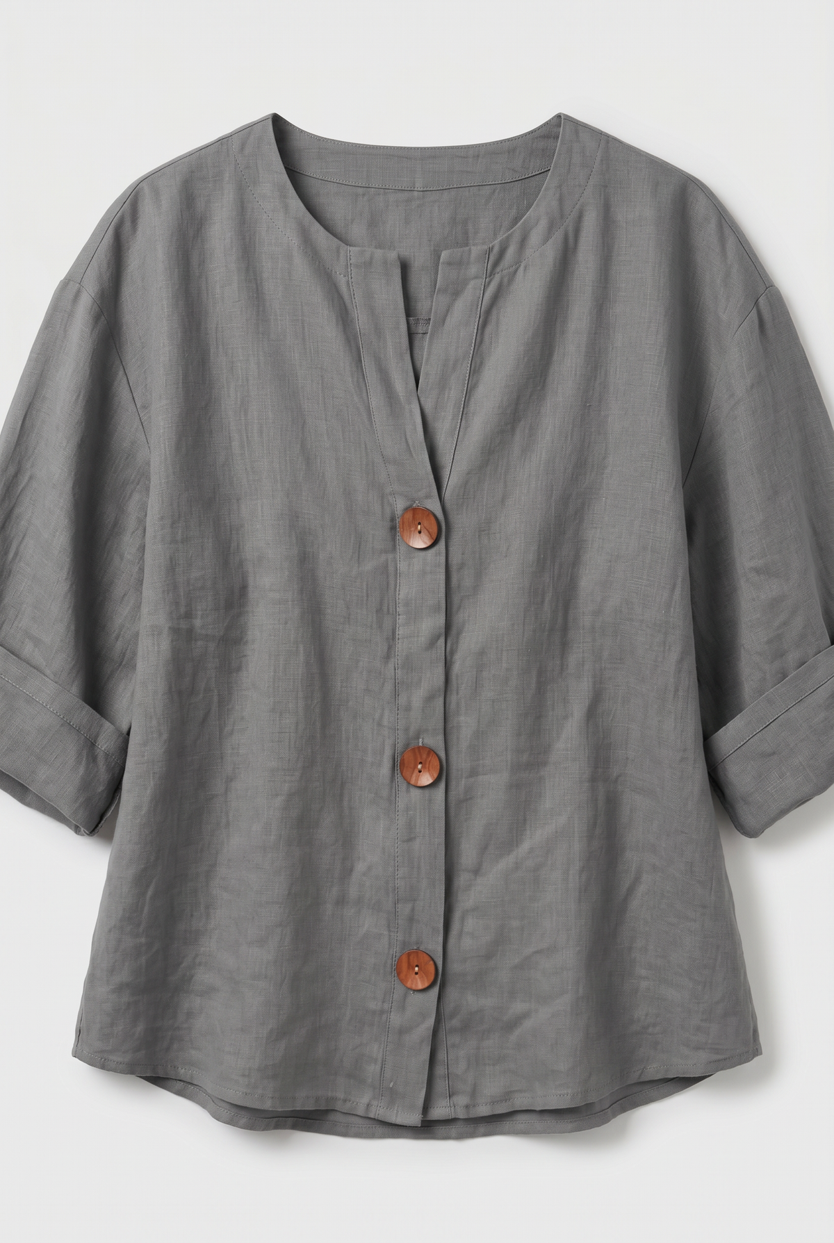 Linen Blouse Grey Women's Split Neck 3/4 Sleeve Button Front Top – Casual, Office