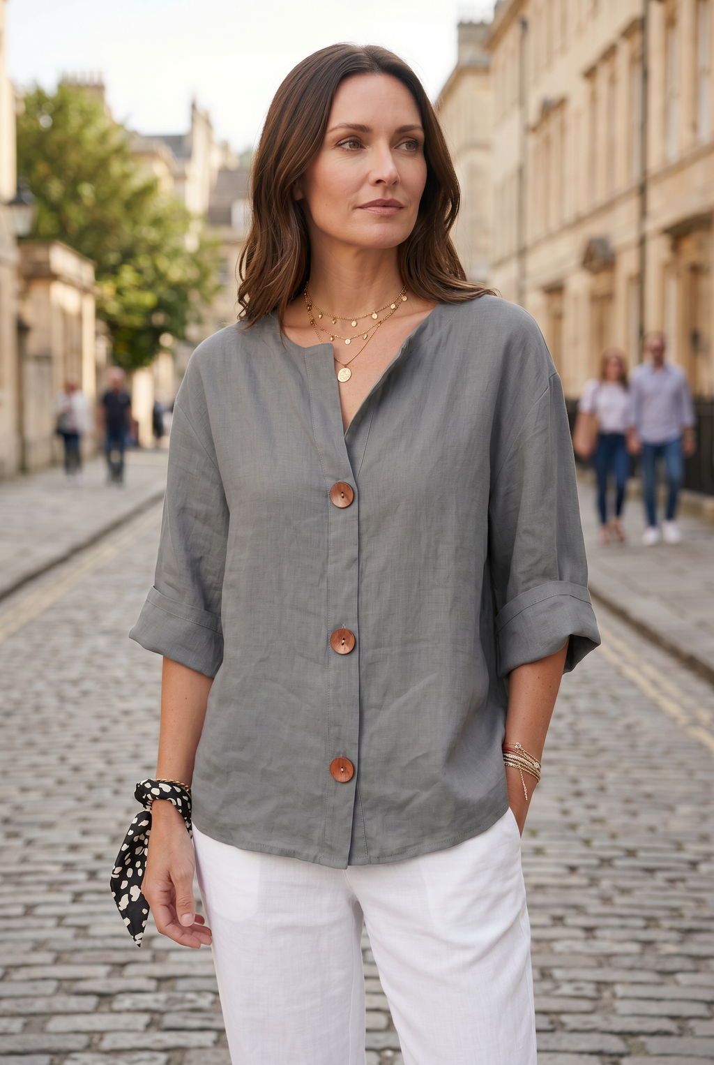 Linen Blouse Grey Women's Split Neck 3/4 Sleeve Button Front Top – Casual, Office