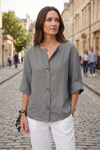 Linen Blouse Grey Women's Split Neck 3/4 Sleeve Button Front Top – Casual, Office