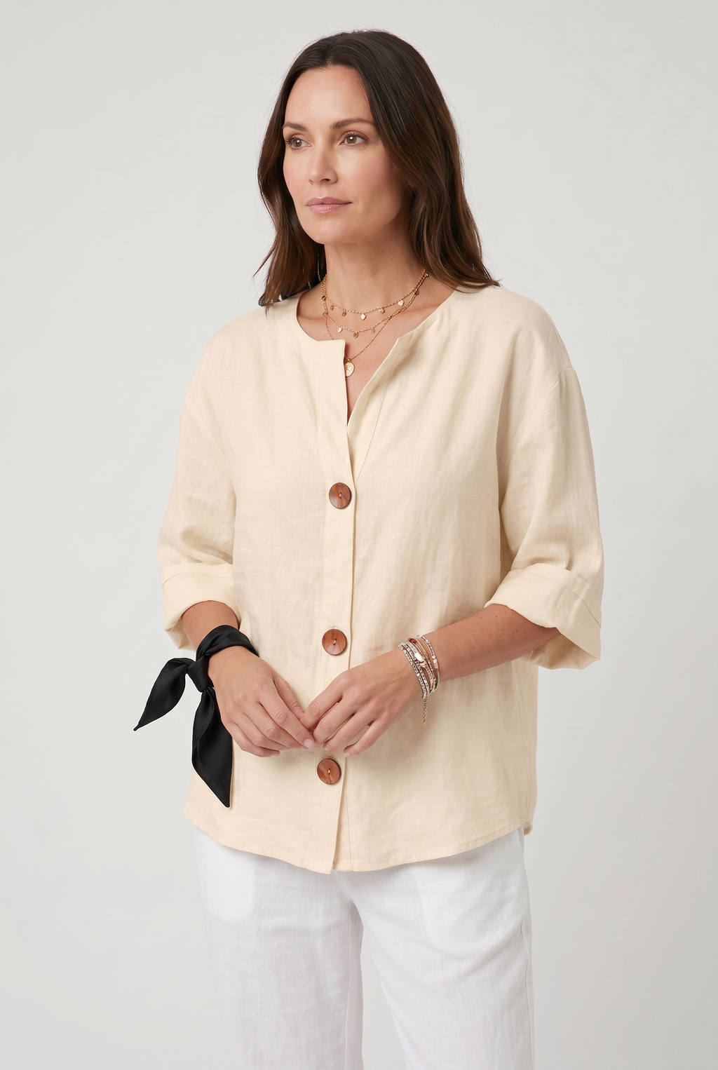 Linen Blouse Grey Women's Split Neck 3/4 Sleeve Button Front Top – Casual, Office