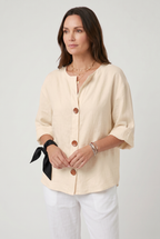 Linen Blouse Grey Women's Split Neck 3/4 Sleeve Button Front Top – Casual, Office