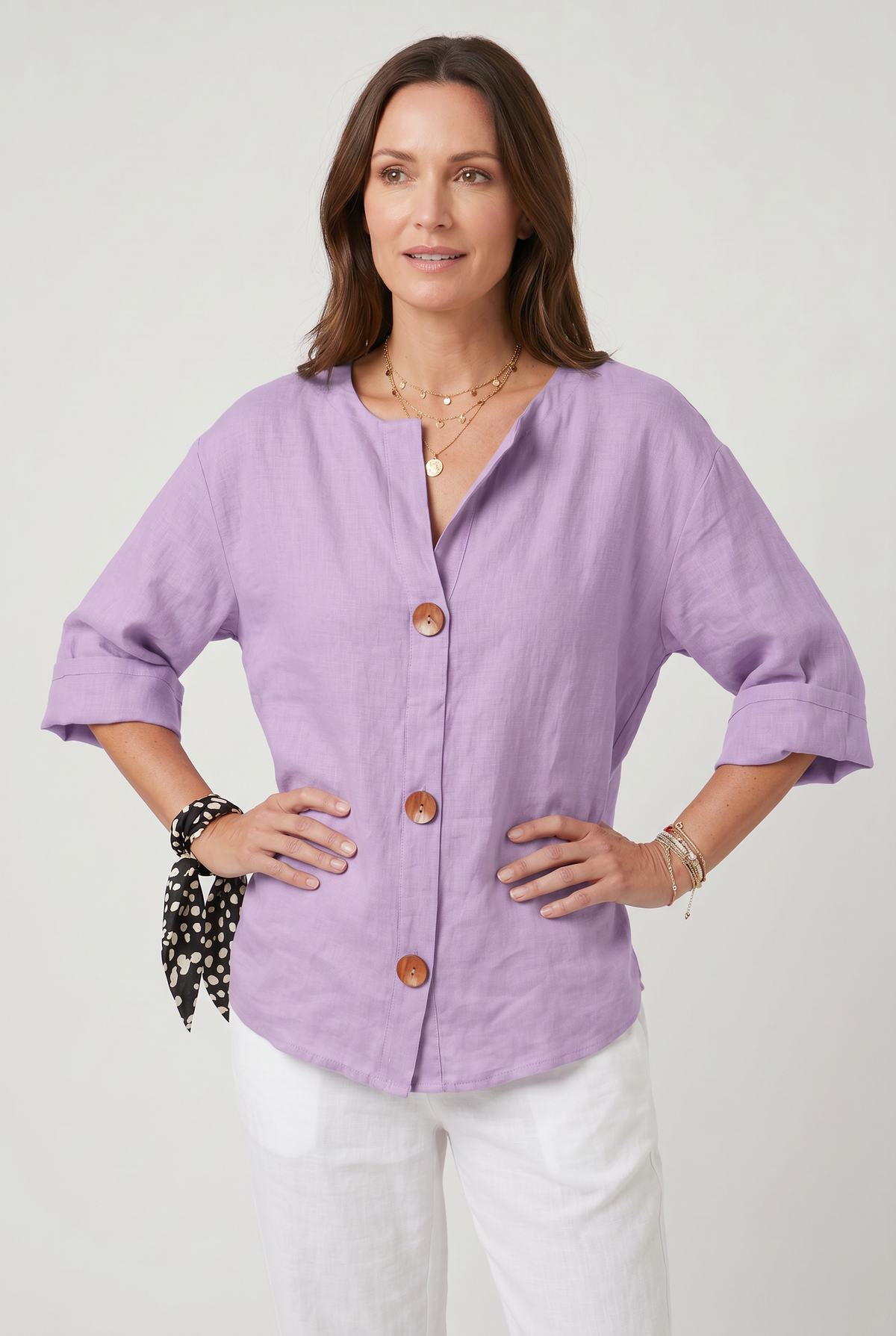 Linen Blouse Grey Women's Split Neck 3/4 Sleeve Button Front Top – Casual, Office
