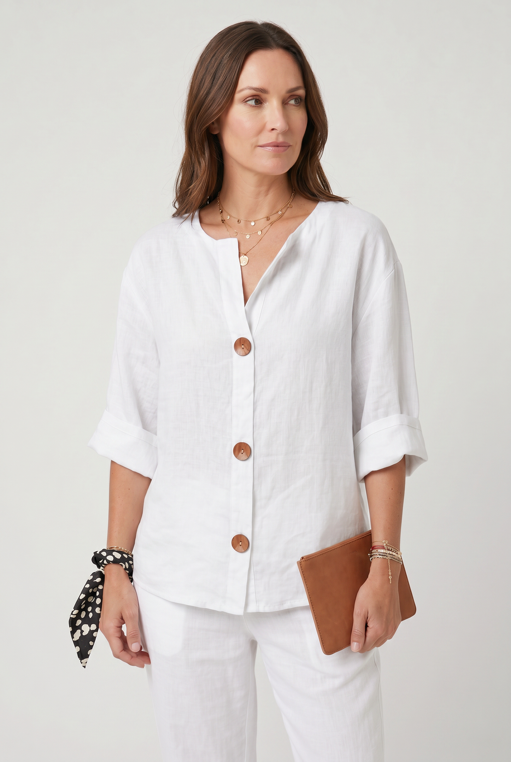 Linen Blouse Grey Women's Split Neck 3/4 Sleeve Button Front Top – Casual, Office