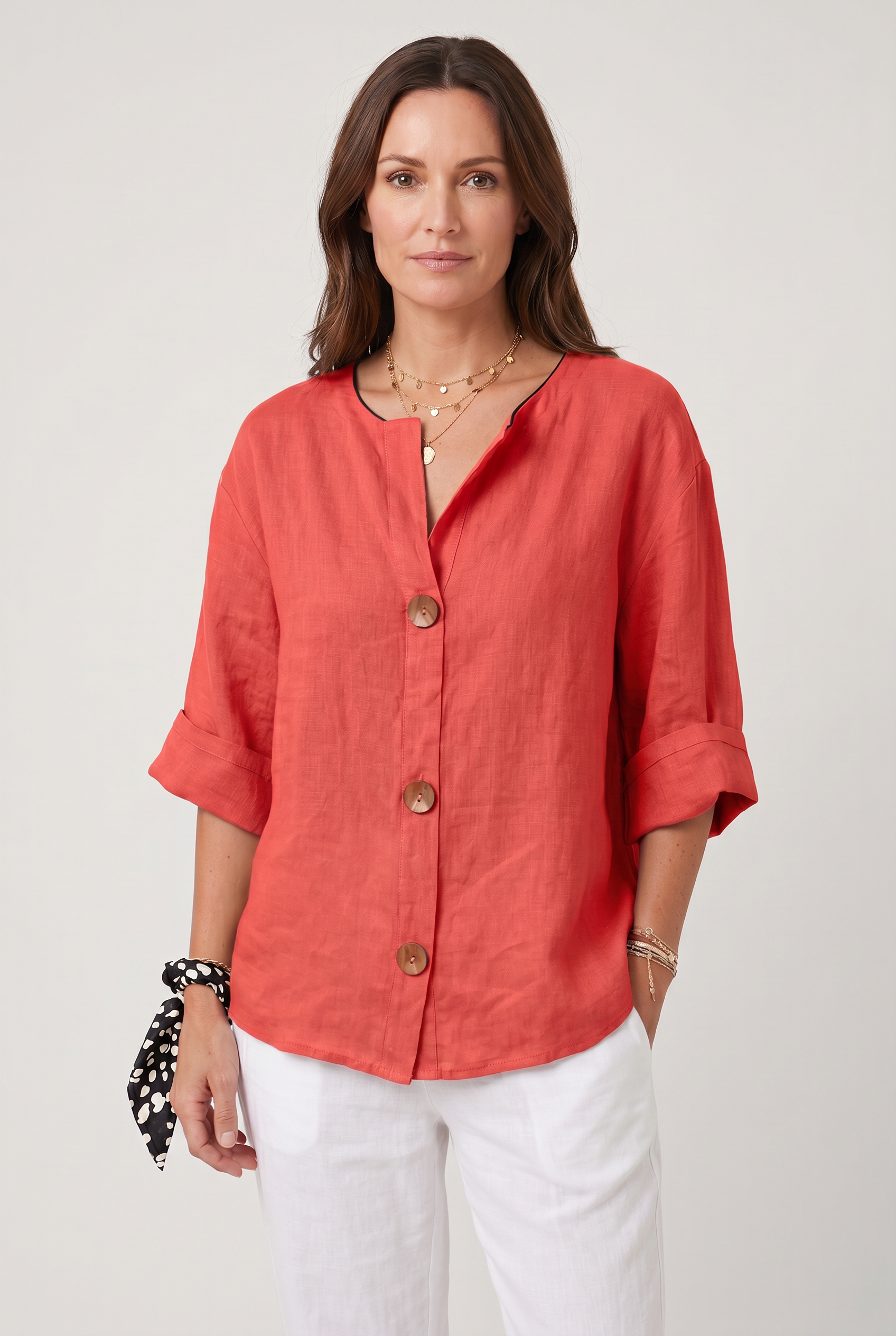 Linen Blouse Grey Women's Split Neck 3/4 Sleeve Button Front Top – Casual, Office