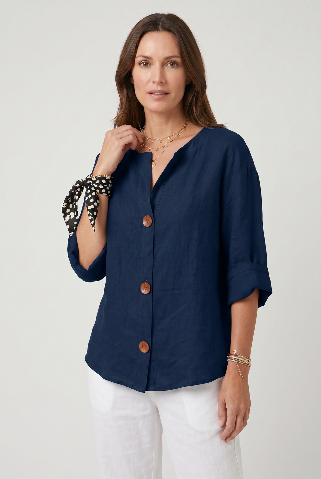 Linen Blouse Grey Women's Split Neck 3/4 Sleeve Button Front Top – Casual, Office
