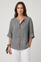 Linen Blouse Grey Women's Split Neck 3/4 Sleeve Button Front Top – Casual, Office