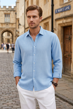 Linen Look Shirt Light Blue Men's Long Sleeve Button-Up – Casual, Office, Holiday, Gift