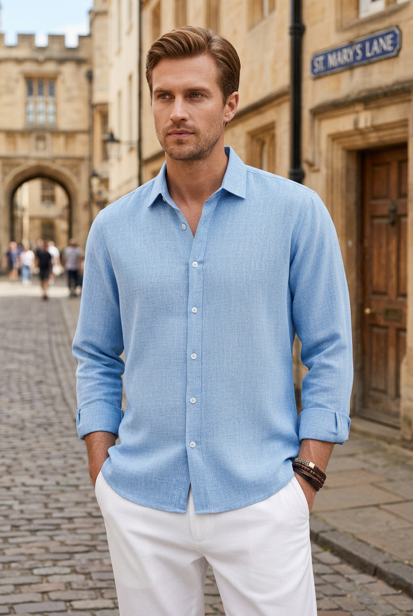 Linen Look Shirt Light Blue Men's Long Sleeve Button-Up – Casual, Office, Holiday, Gift