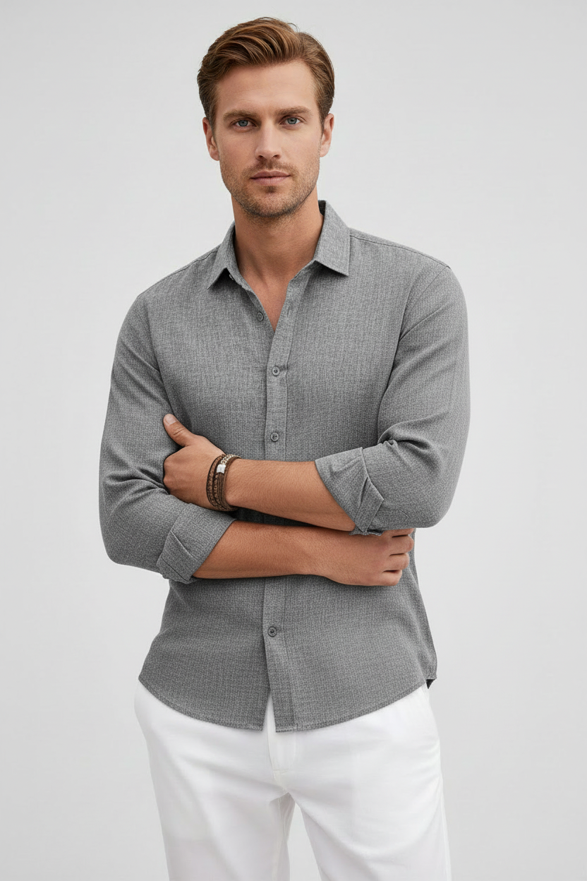 Linen Look Shirt Light Blue Men's Long Sleeve Button-Up – Casual, Office, Holiday, Gift