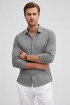 Linen Look Shirt Light Blue Men's Long Sleeve Button-Up – Casual, Office, Holiday, Gift