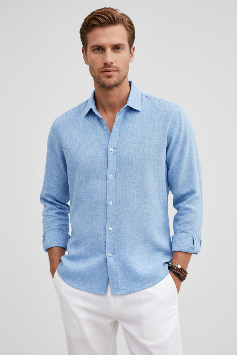 Linen Look Shirt Light Blue Men's Long Sleeve Button-Up – Casual, Office, Holiday, Gift