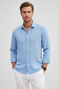 Linen Look Shirt Light Blue Men's Long Sleeve Button-Up – Casual, Office, Holiday, Gift