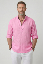 Linen Look Shirt White Men's Half Button Mandarin Collar – Casual, Holiday, Office