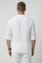 Linen Look Shirt White Men's Half Button Mandarin Collar – Casual, Holiday, Office