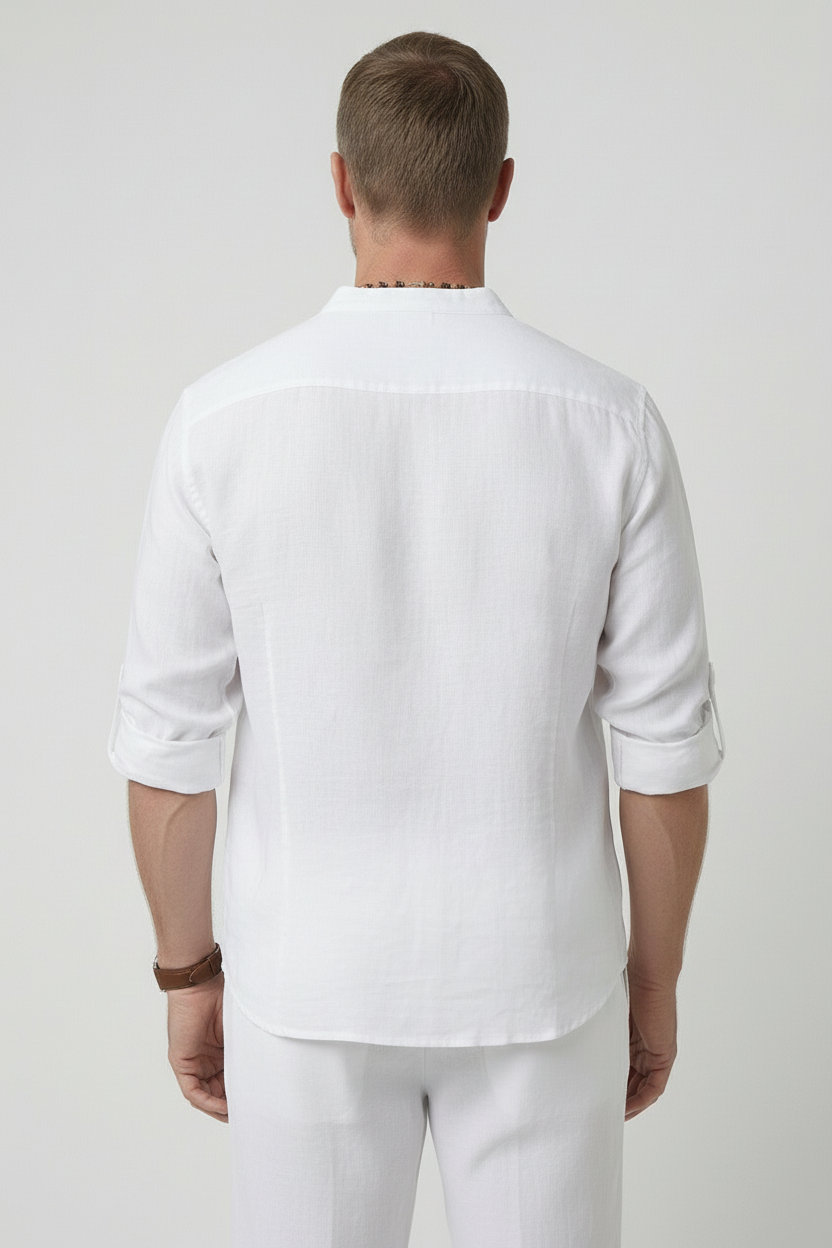 Linen Look Shirt White Men's Half Button Mandarin Collar – Casual, Holiday, Office