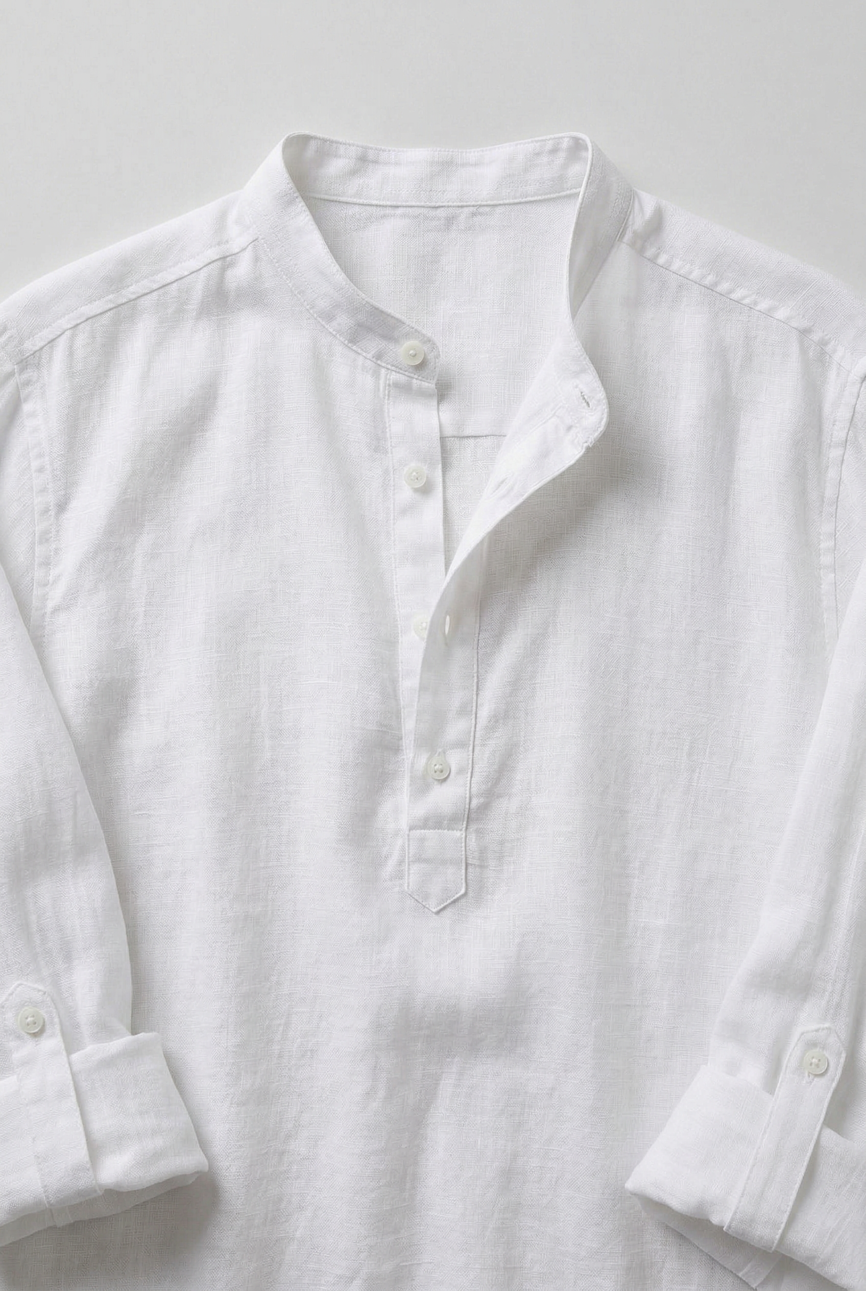 Linen Look Shirt White Men's Half Button Mandarin Collar – Casual, Holiday, Office