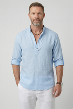 Linen Look Shirt White Men's Half Button Mandarin Collar – Casual, Holiday, Office