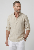 Linen Look Shirt White Men's Half Button Mandarin Collar – Casual, Holiday, Office