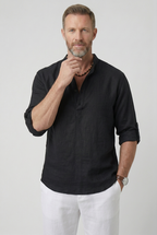 Linen Look Shirt White Men's Half Button Mandarin Collar – Casual, Holiday, Office