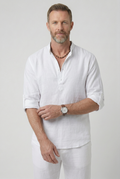 Linen Look Shirt White Men's Half Button Mandarin Collar – Casual, Holiday, Office