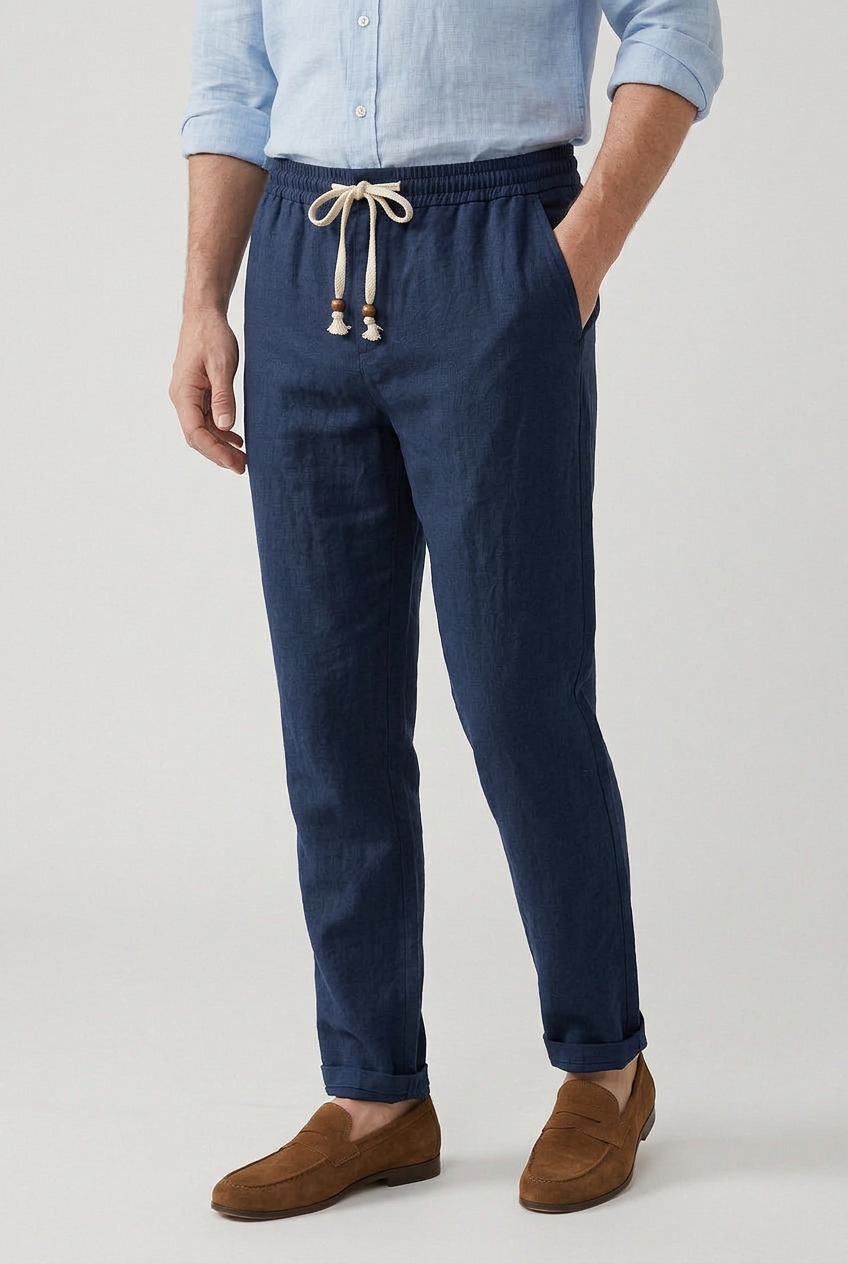 Linen-Look Trousers Beige Men's Drawstring Elasticated Waist – Casual, Holiday · Werune