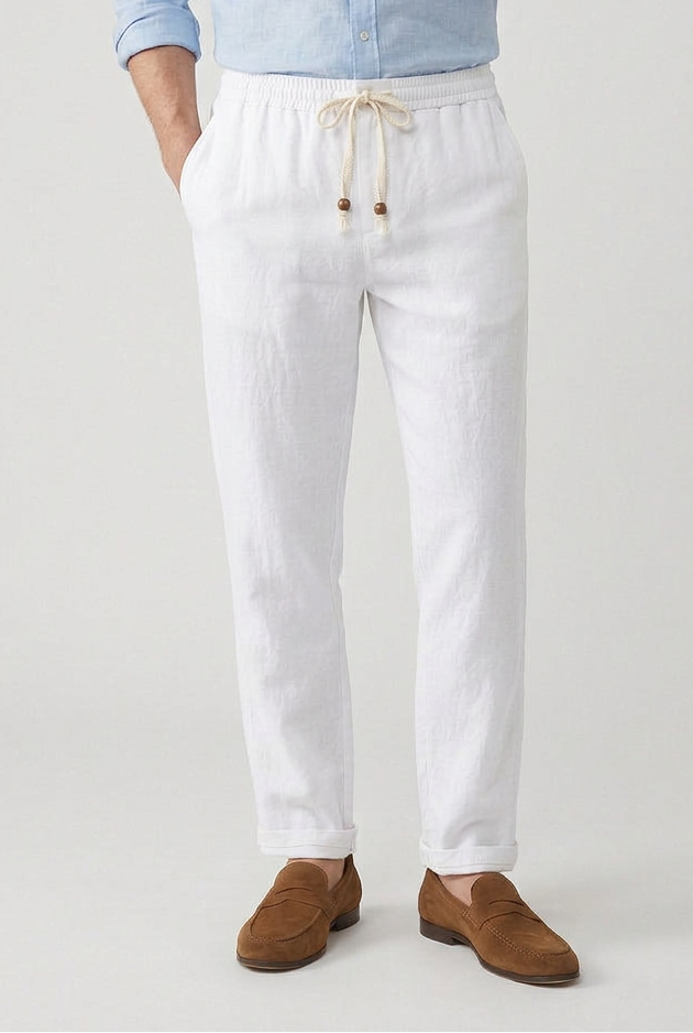 Linen-Look Trousers Beige Men's Drawstring Elasticated Waist – Casual, Holiday · Werune