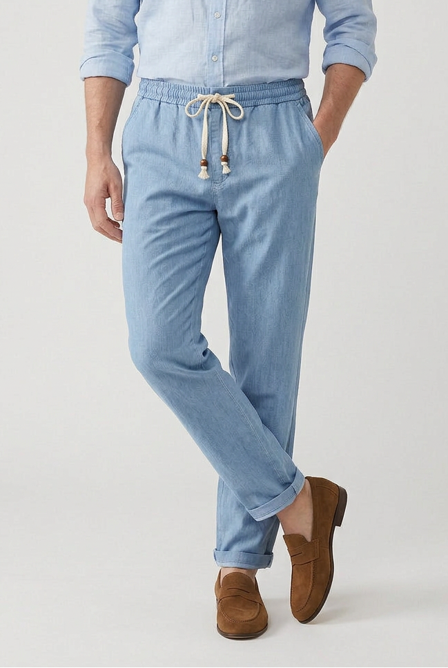 Linen-Look Trousers Beige Men's Drawstring Elasticated Waist – Casual, Holiday · Werune
