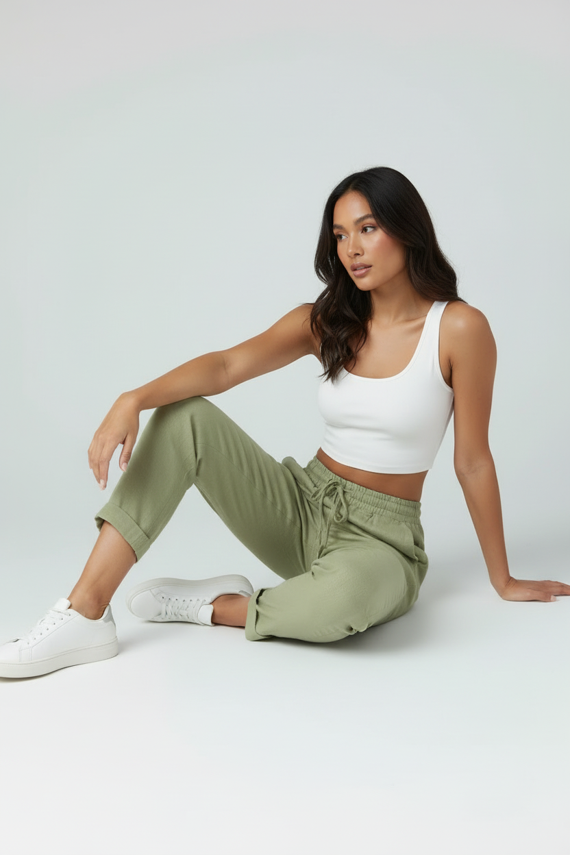Linen Look Trousers Sage Green Women's Drawstring Waist – Casual, Office, Holiday, Everyday Wear