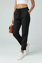 Linen Look Trousers Sage Green Women's Drawstring Waist – Casual, Office, Holiday, Everyday Wear