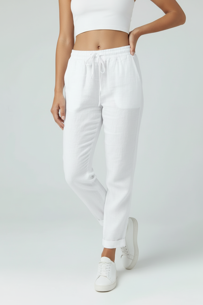 Linen Look Trousers Sage Green Women's Drawstring Waist – Casual, Office, Holiday, Everyday Wear