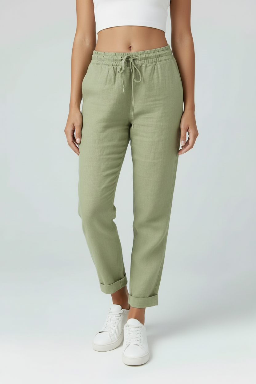 Linen Look Trousers Sage Green Women's Drawstring Waist – Casual, Office, Holiday, Everyday Wear