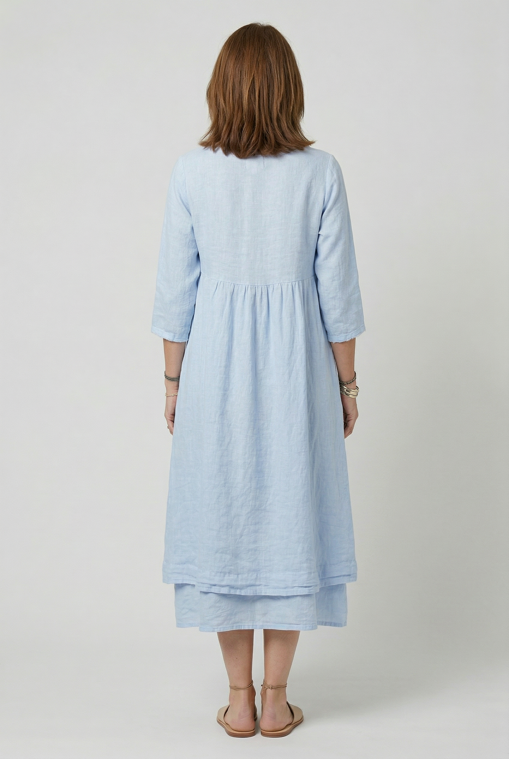 Linen Midi Dress Light Blue Women's 3/4 Sleeve Layered Pocket – Casual, Holiday · Werune