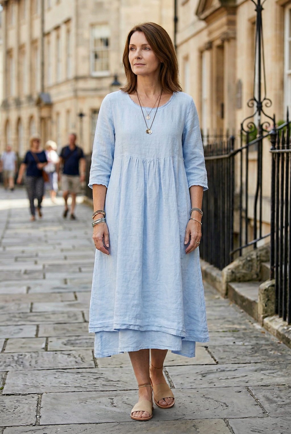 Linen Midi Dress Light Blue Women's 3/4 Sleeve Layered Pocket – Casual, Holiday · Werune