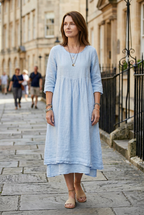Linen Midi Dress Light Blue Women's 3/4 Sleeve Layered Pocket – Casual, Holiday · Werune