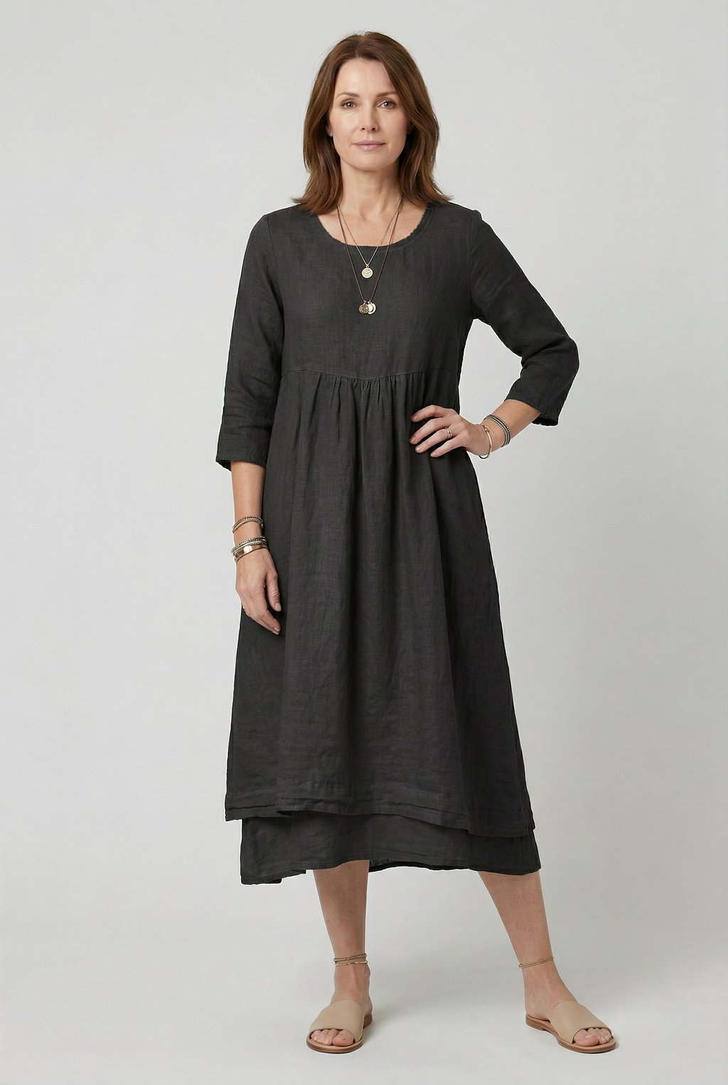 Linen Midi Dress Light Blue Women's 3/4 Sleeve Layered Pocket – Casual, Holiday · Werune