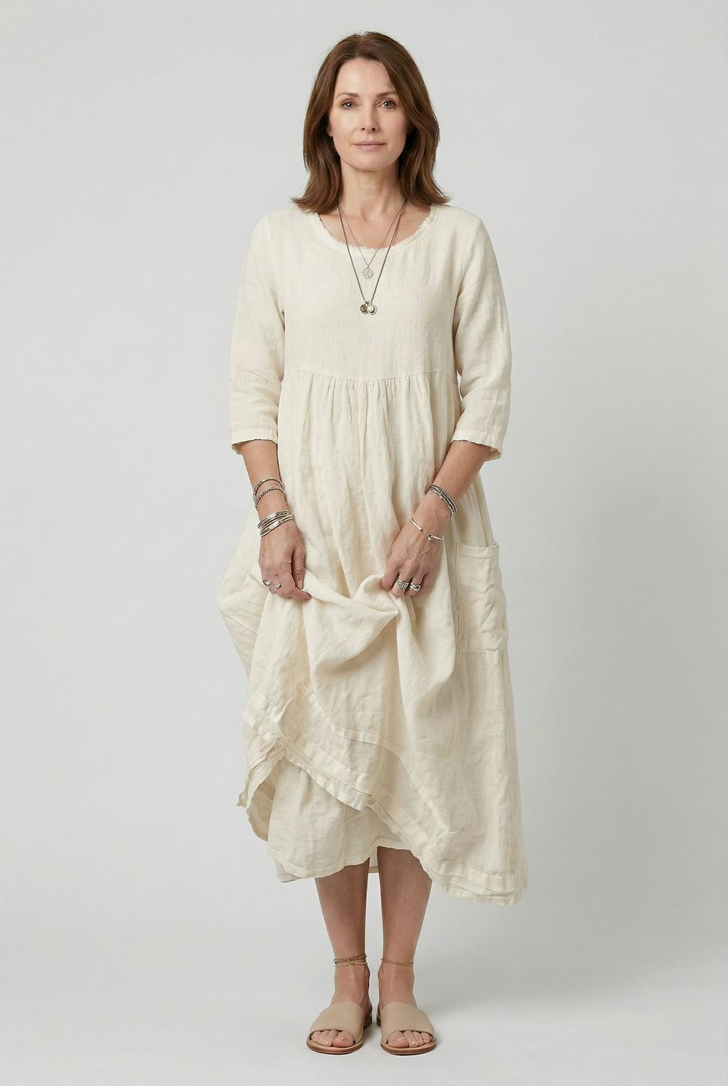 Linen Midi Dress Light Blue Women's 3/4 Sleeve Layered Pocket – Casual, Holiday · Werune