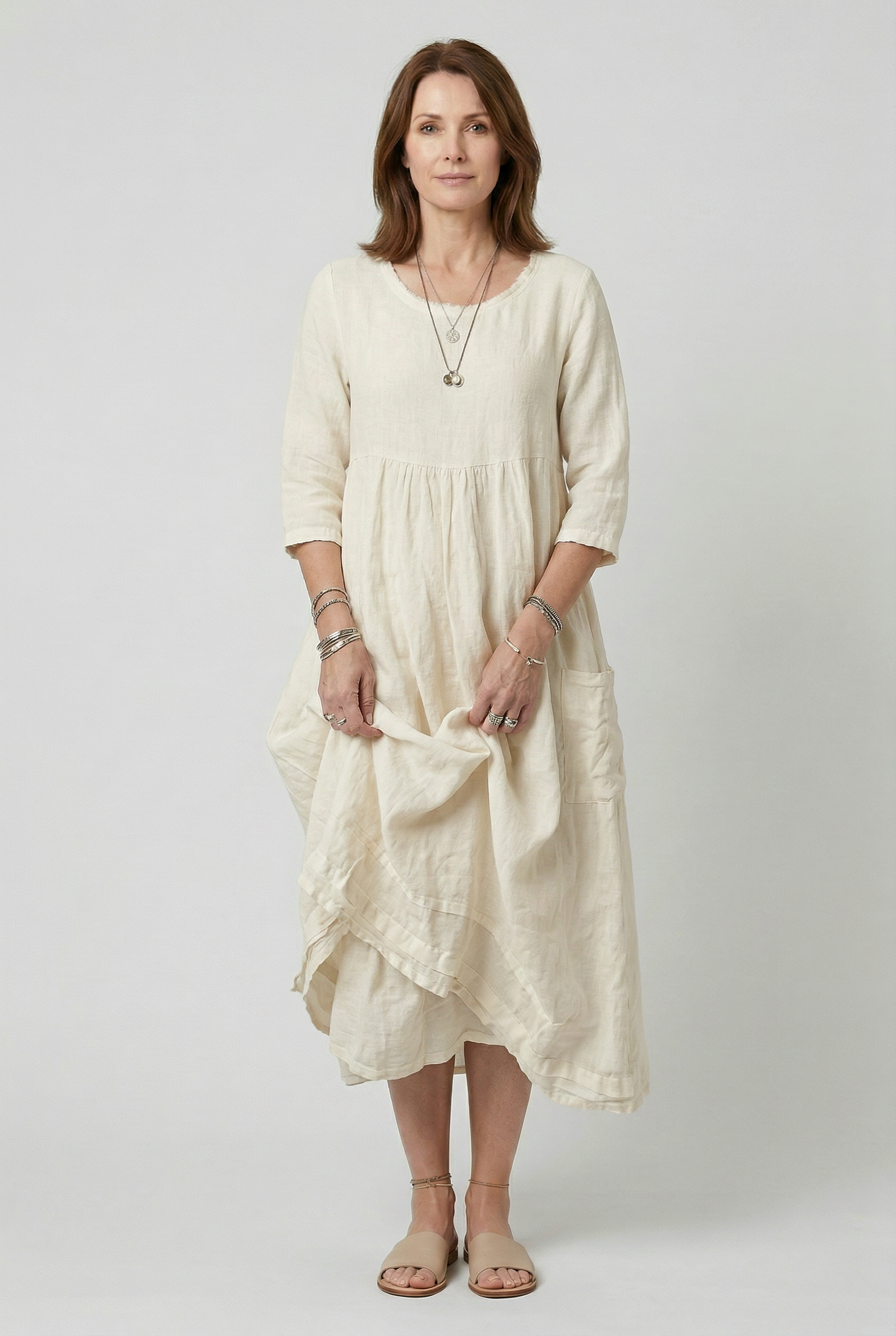 Linen Midi Dress Light Blue Women's 3/4 Sleeve Layered Pocket – Casual, Holiday · Werune
