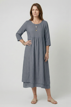 Linen Midi Dress Light Blue Women's 3/4 Sleeve Layered Pocket – Casual, Holiday · Werune