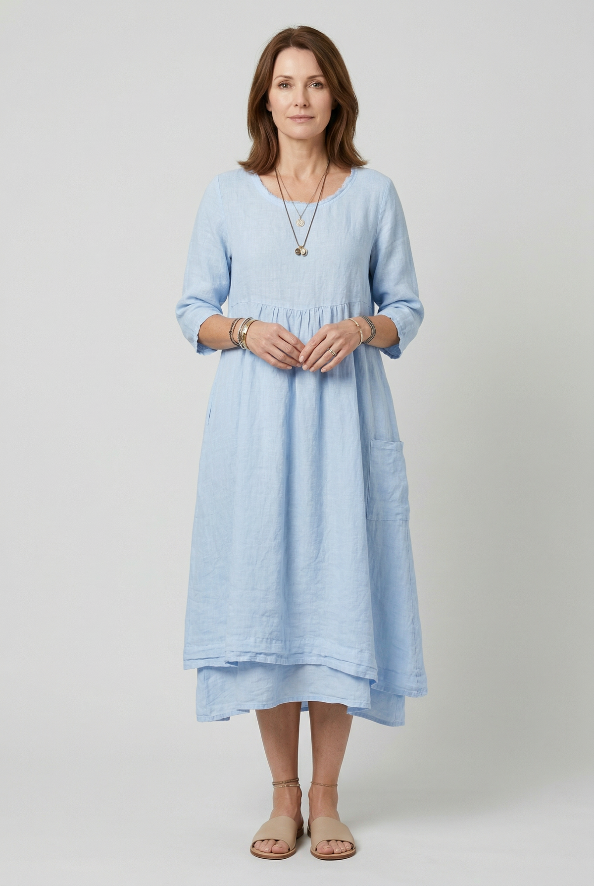 Linen Midi Dress Light Blue Women's 3/4 Sleeve Layered Pocket – Casual, Holiday · Werune