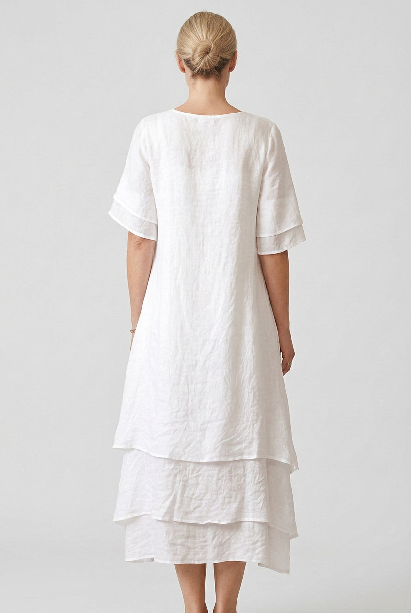 Linen Midi Dress White Layered Hem Women's Short Sleeve – Casual, Holiday · Werune