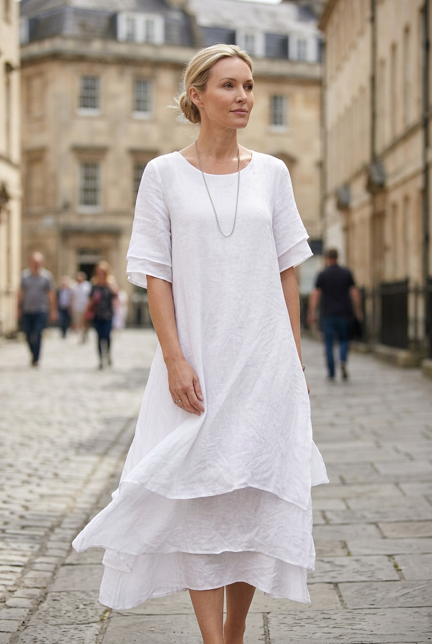 Linen Midi Dress White Layered Hem Women's Short Sleeve – Casual, Holiday · Werune