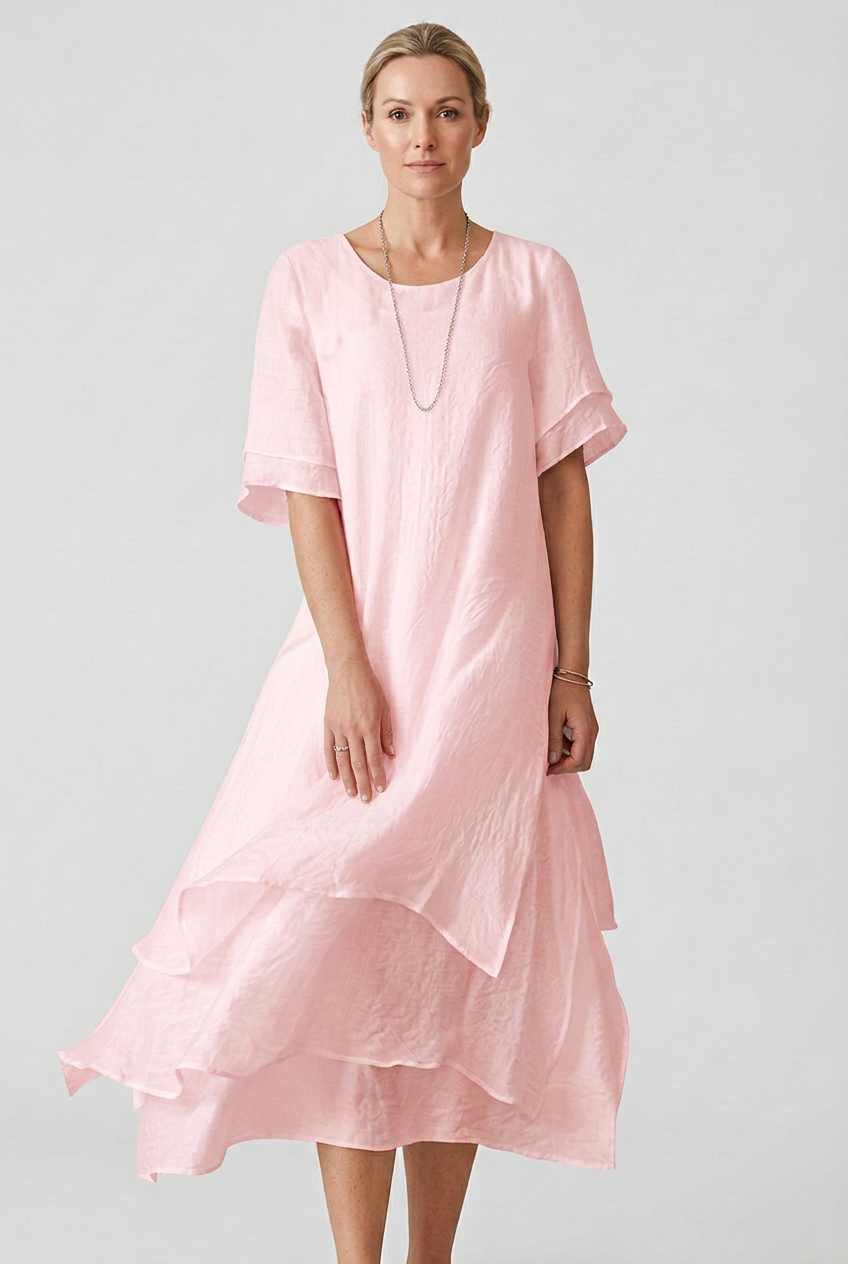 Linen Midi Dress White Layered Hem Women's Short Sleeve – Casual, Holiday · Werune
