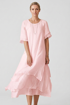 Linen Midi Dress White Layered Hem Women's Short Sleeve – Casual, Holiday · Werune