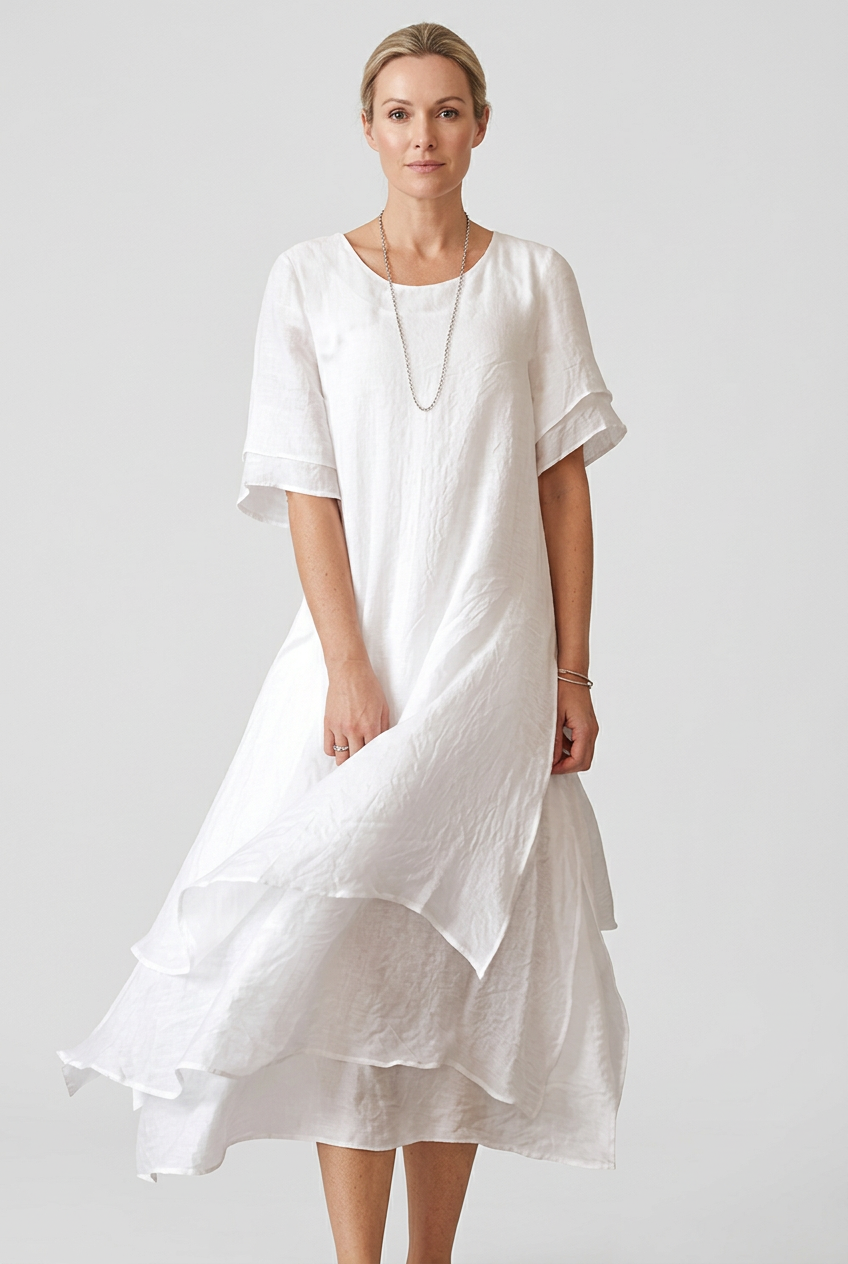 Linen Midi Dress White Layered Hem Women's Short Sleeve – Casual, Holiday · Werune