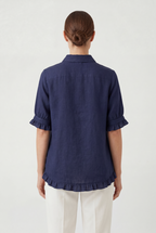 Linen Ruffle Blouse Navy Women's Short Sleeve Button-Up – Casual, Office, Holiday, Gift